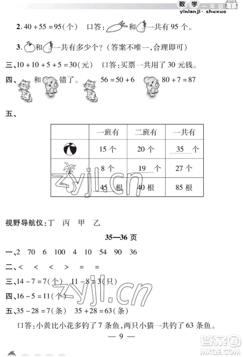 安徽人民出版社2022暑假作业假期课堂一年级数学人教版参考答案