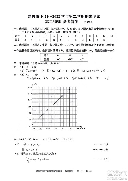 嘉兴市2021-2022学年第二学期期末检测高二物理试题卷及答案 嘉兴市2021-2022学年第二学期期末检测高二物理试题卷及答案