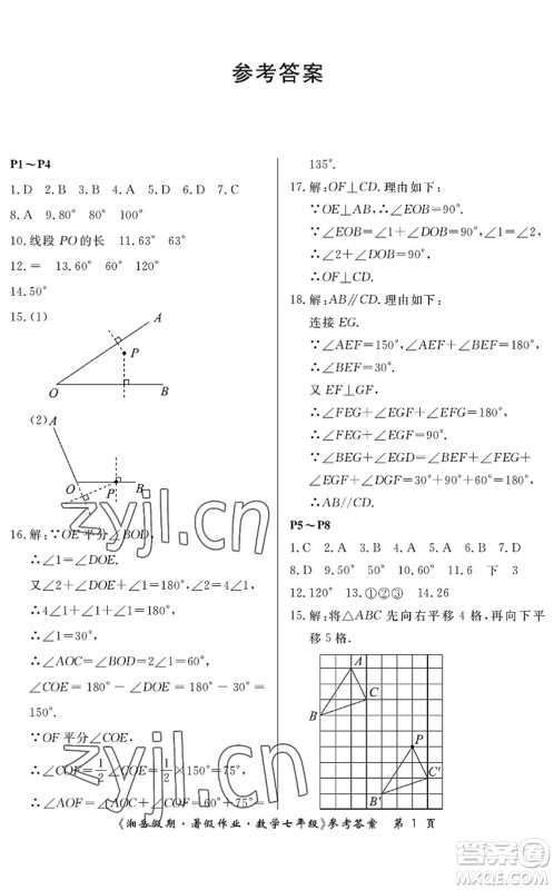 湖南大学出版社2022湘岳假期暑假作业七年级数学人教版答案