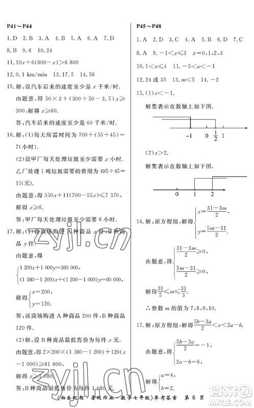 湖南大学出版社2022湘岳假期暑假作业七年级数学人教版答案