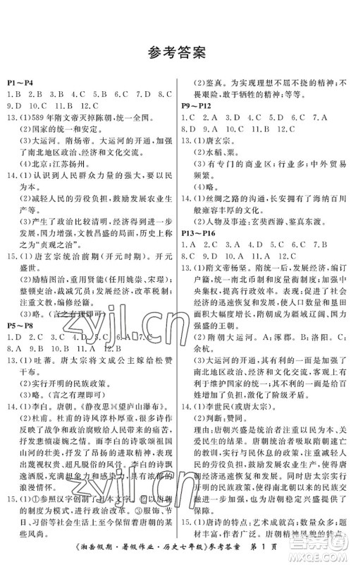 湖南大学出版社2022湘岳假期暑假作业七年级历史人教版答案