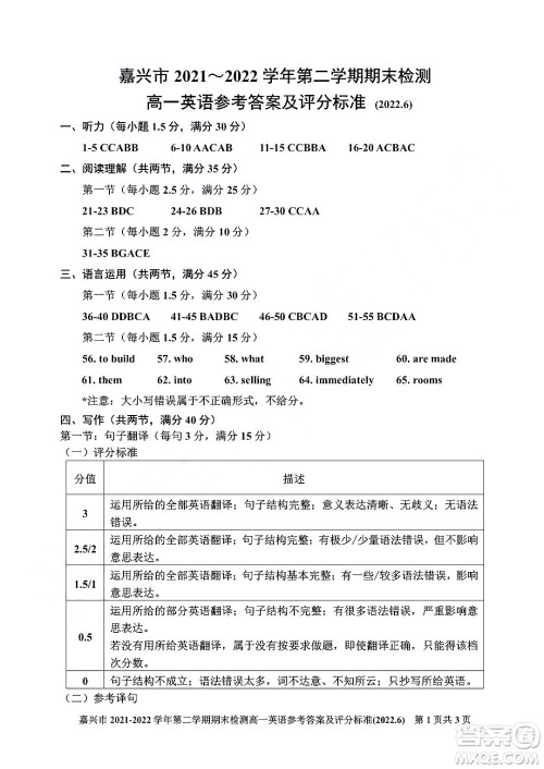 嘉兴市2021-2022学年第二学期期末检测高一英语试题卷及答案