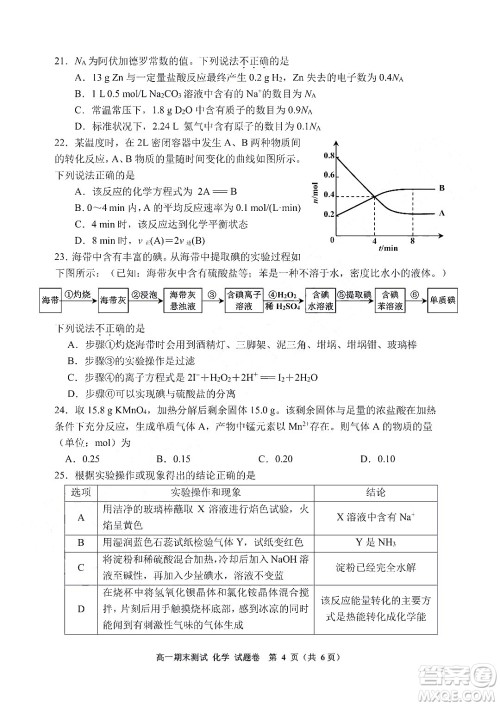 嘉兴市2021-2022学年第二学期期末检测高一化学试题卷及答案 嘉兴市2021-2022学年第二学期期末检测高一化学试题卷及答案