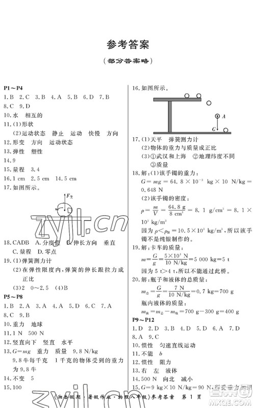 湖南大学出版社2022湘岳假期暑假作业八年级物理人教版答案