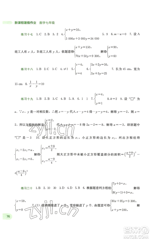 广西教育出版社2022新课程暑假作业七年级数学通用版参考答案