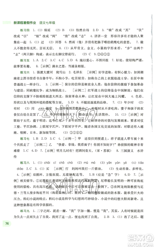 广西教育出版社2022新课程暑假作业七年级语文通用版参考答案