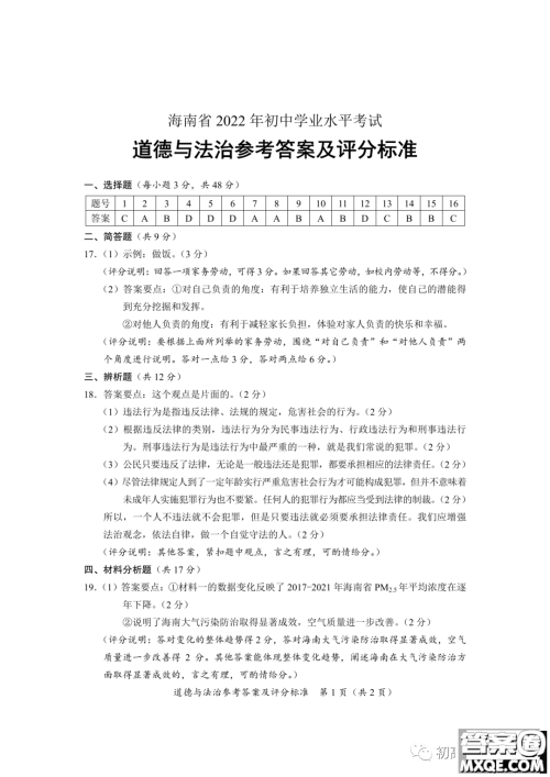 2022年海南省初中学业水平考试道德与法治试卷及答案