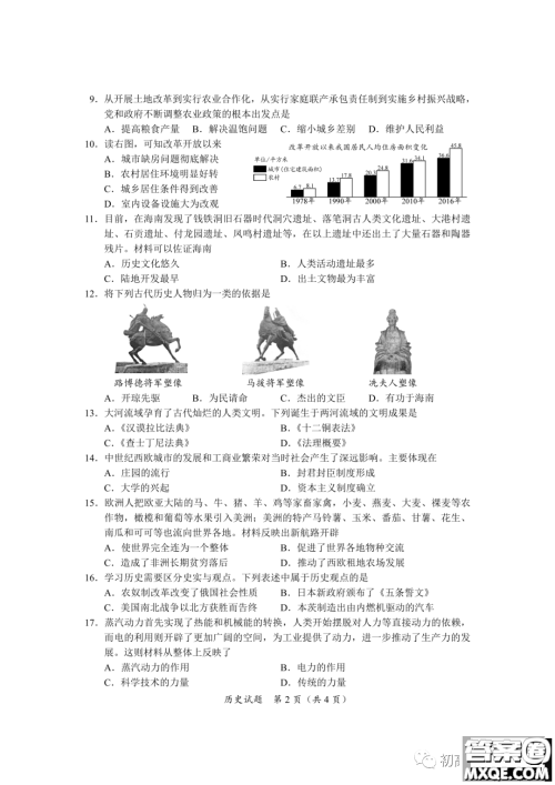 2022年海南省初中学业水平考试历史试卷及答案
