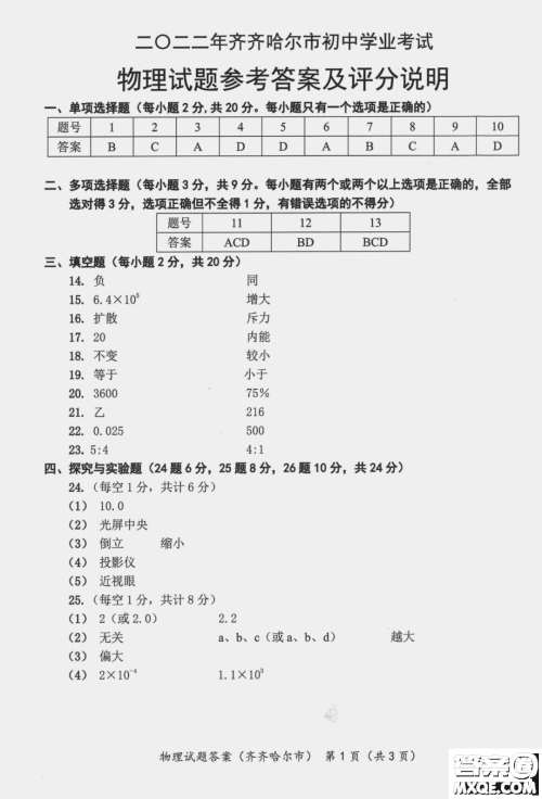 2022年齐齐哈尔市初中学业考试物理试卷及答案