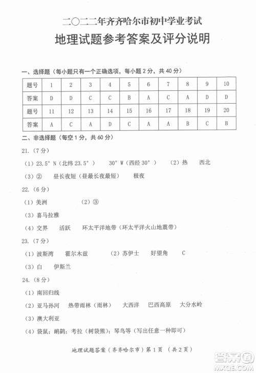 2022年齐齐哈尔市初中学业考试地理试卷及答案