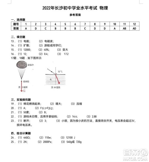 2022年长沙市初中学业水平考试物理试卷及答案