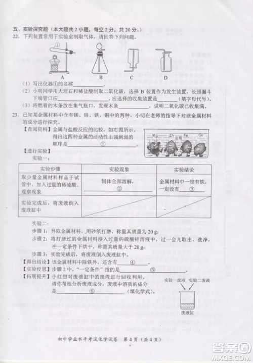 2022年长沙市初中学业水平考试化学试卷及答案