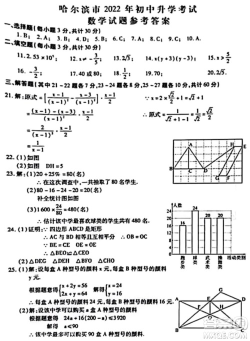 哈尔滨市2022年初中升学考试数学试卷及答案