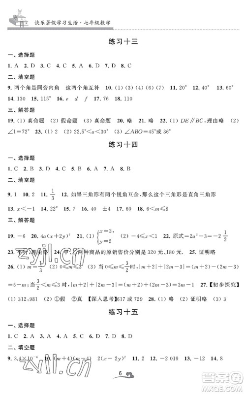 江苏凤凰美术出版社2022快乐暑假学习生活七年级数学通用版答案