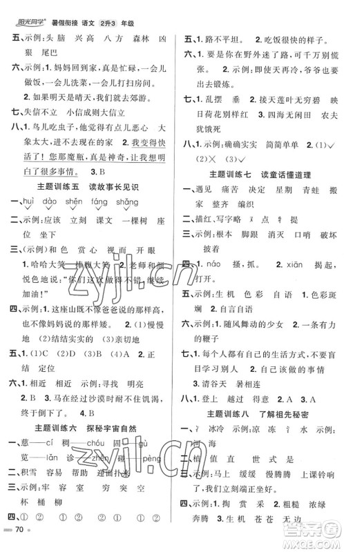 江西教育出版社2022阳光同学暑假衔接二升三年级语文RJ人教版答案