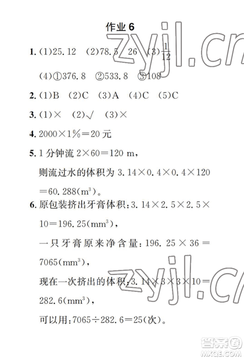 崇文书局2022长江暑假作业六年级数学人教版参考答案