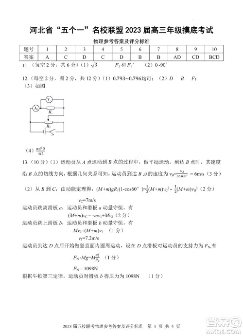 河北省五个一名校联盟2023届高三年级摸底考试物理试卷及答案