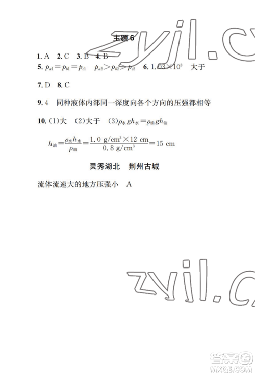 崇文书局2022长江暑假作业八年级物理人教版参考答案