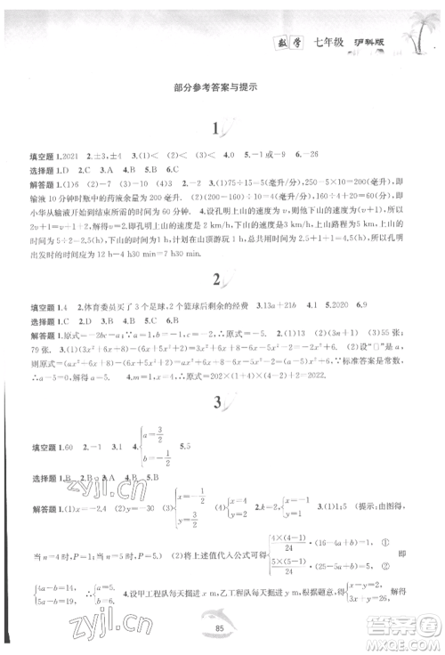 黄山书社2022快乐暑假七年级数学沪科版参考答案