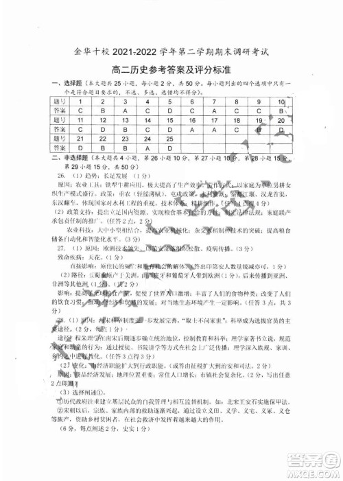 金华十校2021-2022学年第二学期期末调研考试高二历史试题卷及答案 金华十校2021-2022学年第二学期期末调研考试高二历史试题卷及答案
