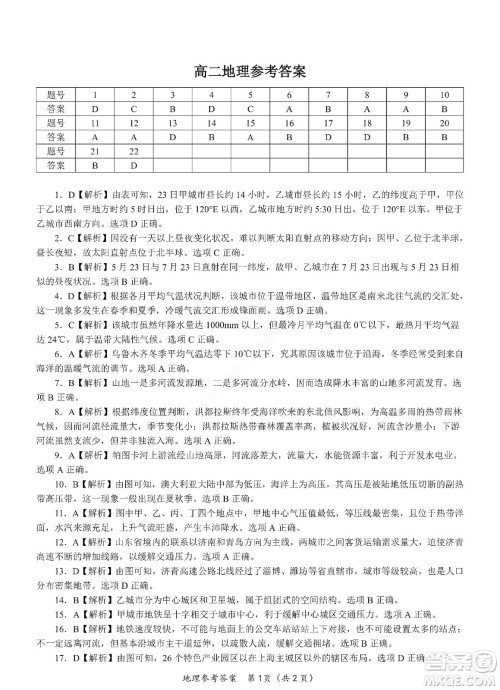 九江六校2021-2022学年度第二学期高二期末联考地理试题及答案