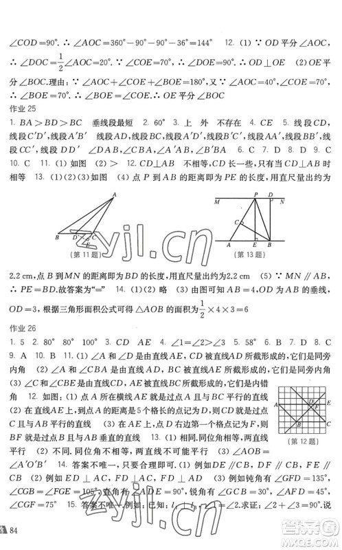 上海科学技术出版社2022暑假作业七年级数学沪科版答案