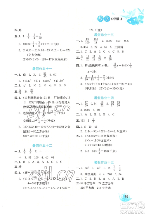 河北美术出版社2022暑假生活五年级数学冀教版参考答案