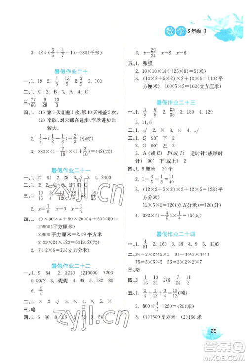 河北美术出版社2022暑假生活五年级数学冀教版参考答案