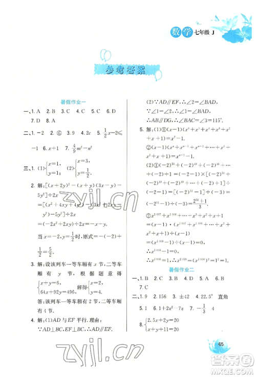 河北美术出版社2022暑假生活七年级数学冀教版参考答案