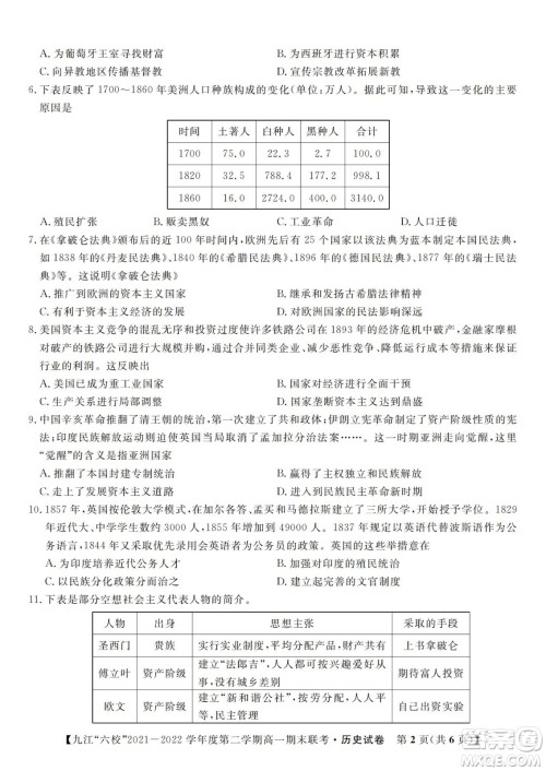 九江六校2021-2022学年度第二学期高一期末联考历史试题及答案