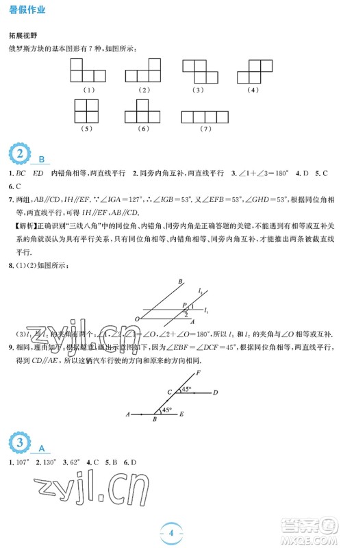 安徽教育出版社2022暑假作业七年级数学人教版答案