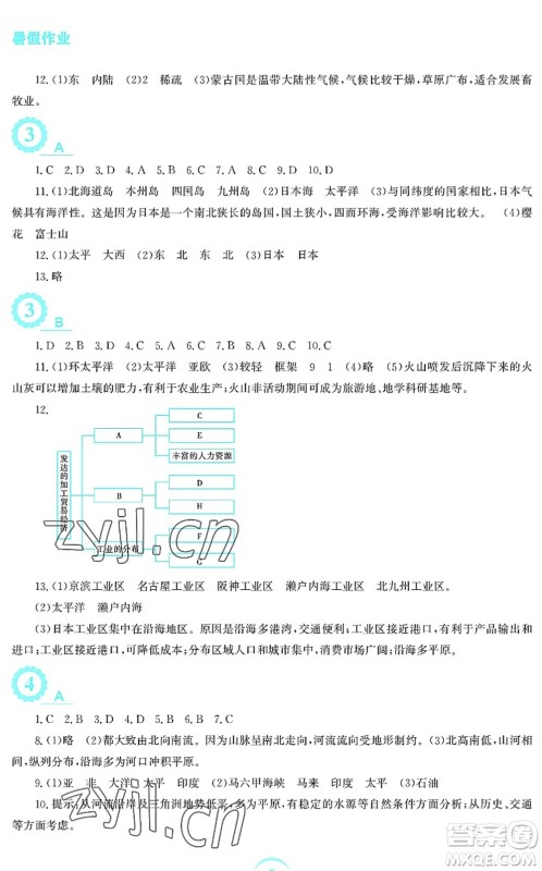 安徽教育出版社2022暑假作业七年级地理商务星球版答案