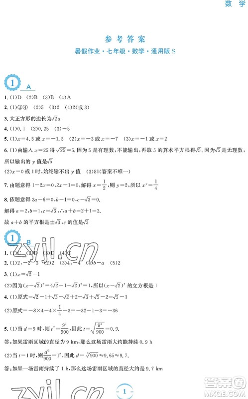 安徽教育出版社2022暑假作业七年级数学通用版S答案