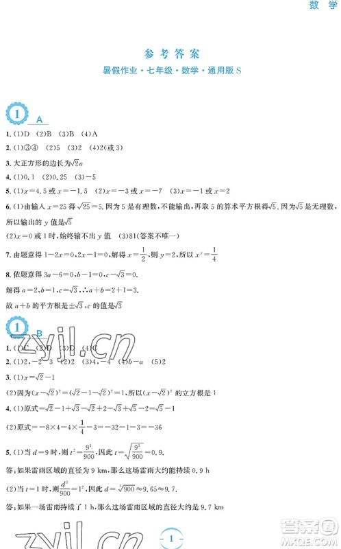 安徽教育出版社2022暑假作业七年级数学通用版S答案 安徽教育出版社2022暑假作业七年级数学通用版S答案