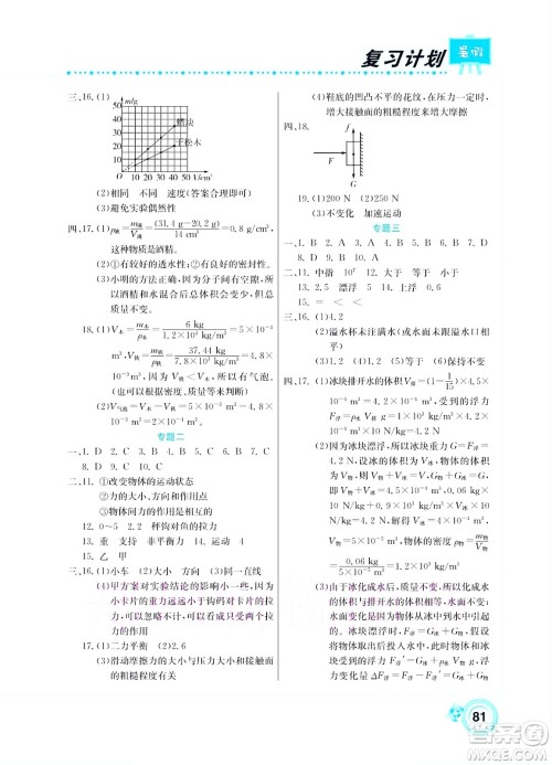 中原农民出版社2022豫新锐复习计划暑假学期复习物理八年级苏科版答案 中原农民出版社2022豫新锐复习计划暑假学期复习物理八年级苏科版答案