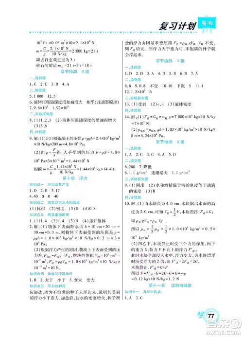 中原农民出版社2022豫新锐复习计划暑假学期复习物理八年级人教版答案 中原农民出版社2022豫新锐复习计划暑假学期复习物理八年级人教版答案
