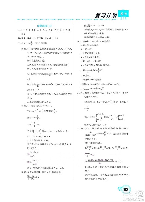 中原农民出版社2022豫新锐复习计划暑假学期复习数学八年级华师大版答案