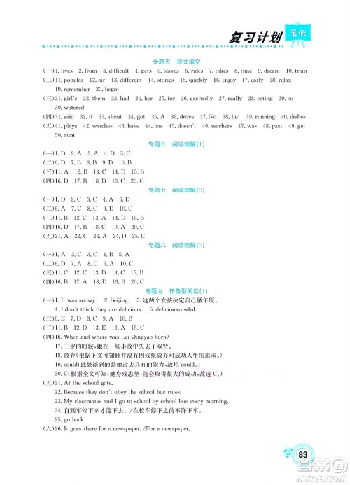 中原农民出版社2022豫新锐复习计划暑假学期复习英语七年级通用版答案