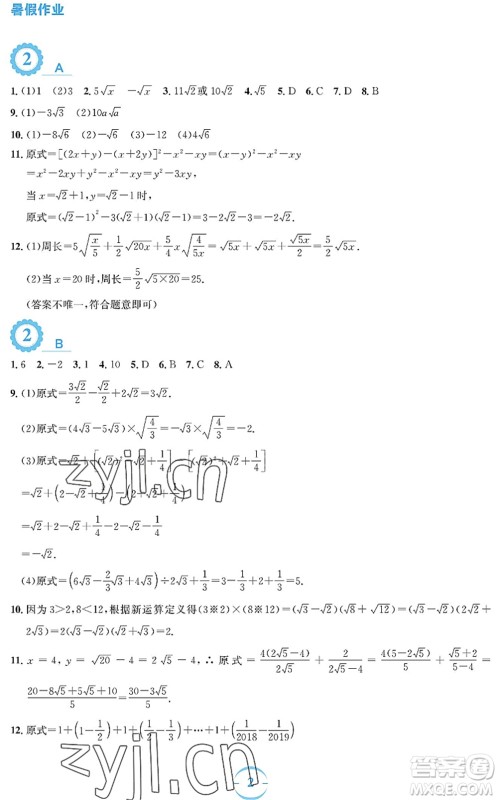 安徽教育出版社2022暑假作业八年级数学通用版S答案