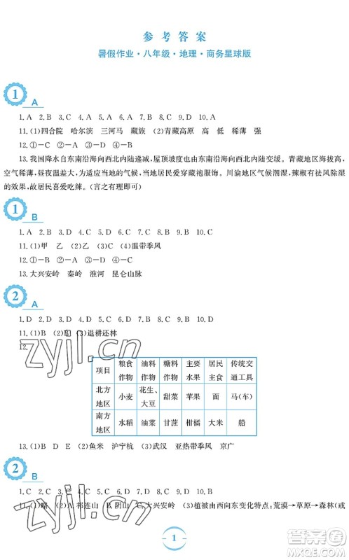 安徽教育出版社2022暑假作业八年级地理商务星球版答案