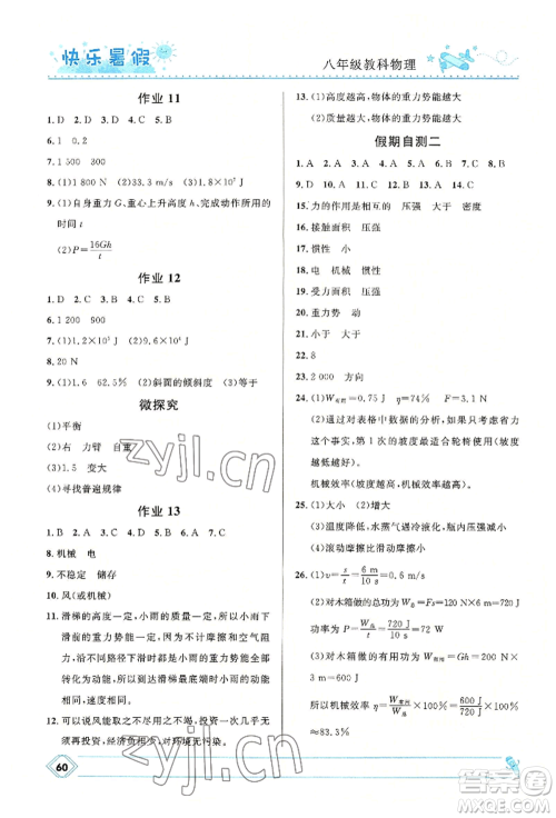 河北少年儿童出版社2022赢在起跑线中学生快乐暑假八年级物理教科版参考答案