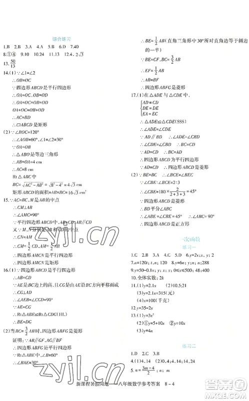 新疆科学技术出版社2022新课程暑假园地八年级数学通用版答案