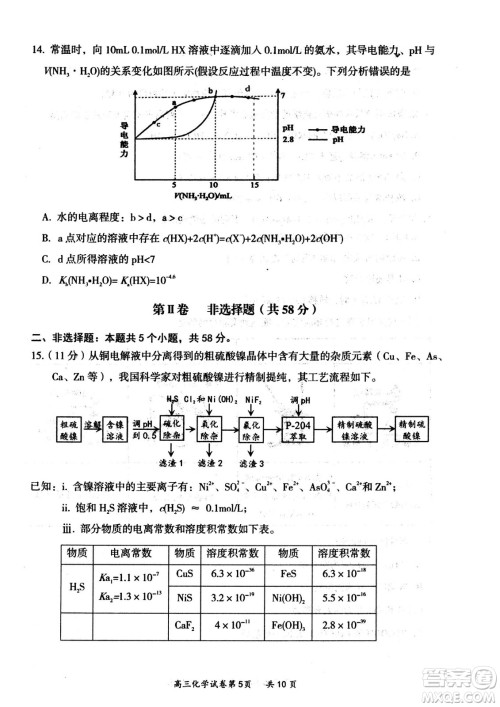 大同市2023届高三年级学情调研测试化学试题及答案