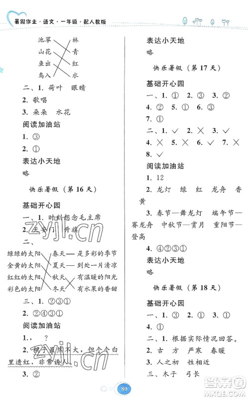 贵州人民出版社2022暑假作业一年级语文人教版答案 贵州人民出版社2022暑假作业一年级语文人教版答案