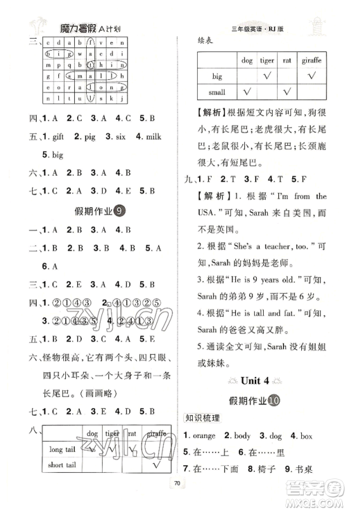 江西美术出版社2022魔力暑假A计划三年级英语人教版参考答案