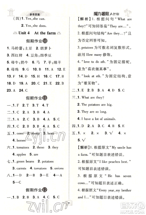 江西美术出版社2022魔力暑假A计划四年级英语人教版参考答案 江西美术出版社2022魔力暑假A计划四年级英语人教版参考答案