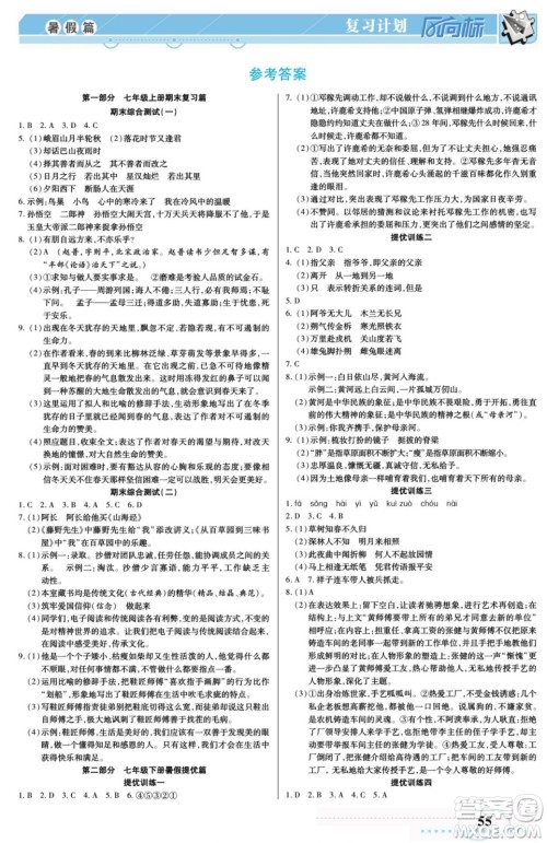 阳光出版社2022复习计划风向标暑假七年级语文人教版答案