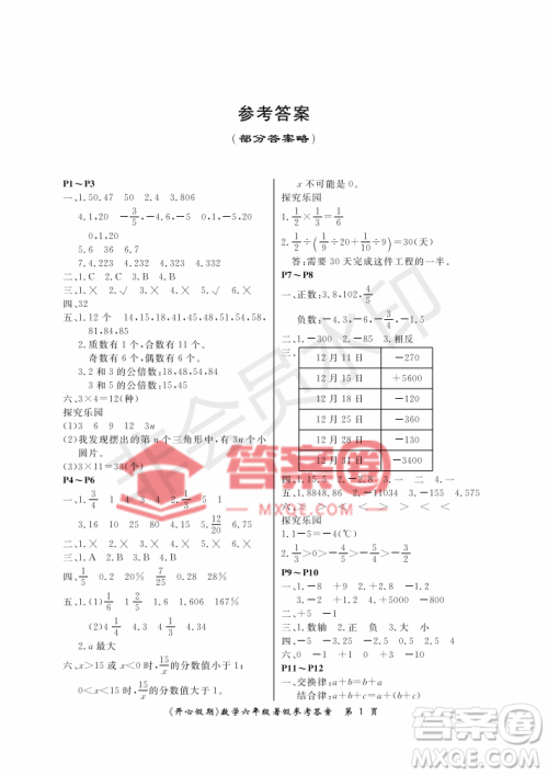 武汉出版社2020年开心假期暑假作业六年级数学人教版答案