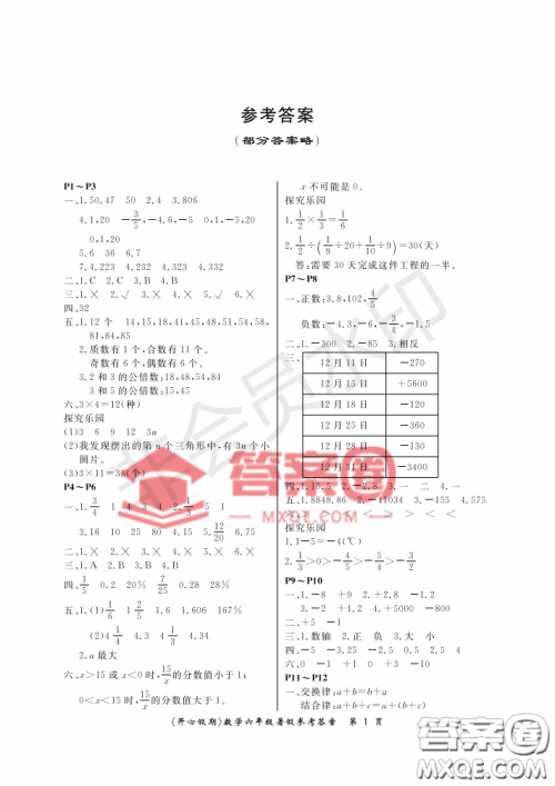 武汉出版社2020年开心假期暑假作业六年级数学人教版答案