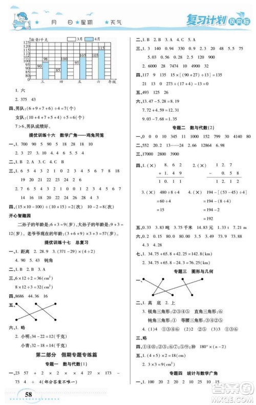 阳光出版社2022复习计划风向标暑假四年级数学人教版答案